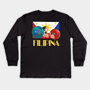 Filipina Pride Philippines Flag Proud Weightlifter Kids Long Sleeve T-Shirt